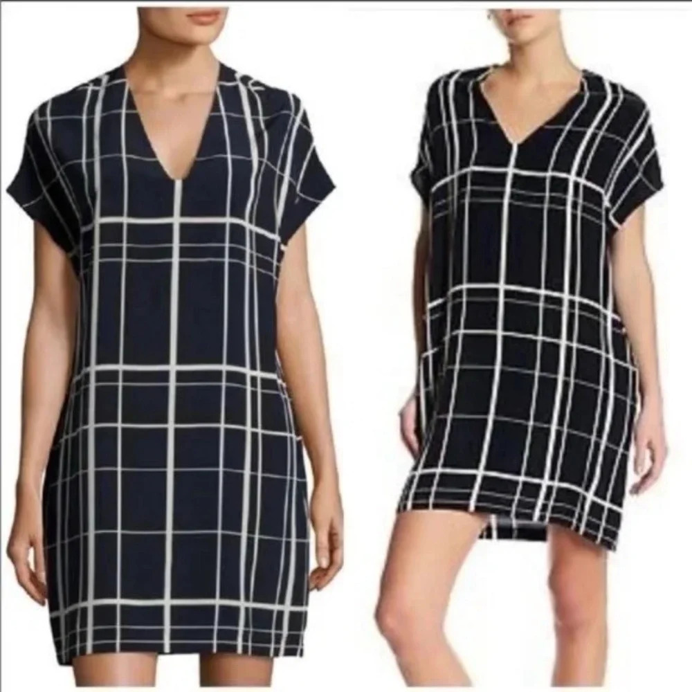 Vince Lattice Plaid Print Silk Popover Tunic Dress/Black & White 16823